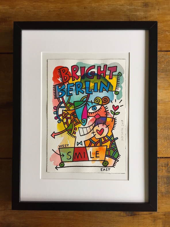 <b>BRIGHT BERLIN SMILE</b> - 18x26cm drawing / 30x40cm frame - Watercolour/marker, 300 grams Arches 100% pure cotton watercolour paper - € 125,-  <a style="color: red; text-decoration: none" href="mailto:jpgpmarsman@onsbrabantnet.nl">BESTEL</a>