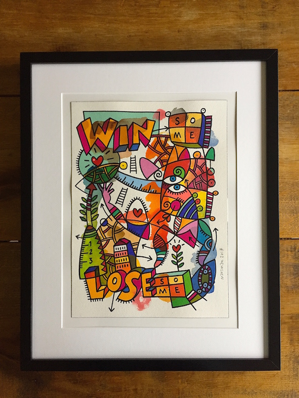 <b>WIN SOME. LOSE SOME</b> - 26x36cm drawing / 40x50cm frame - Watercolour/marker, 300 grams Arches 100% pure cotton watercolour paper - € 145,-  <a style="color: red; text-decoration: none" href="mailto:jpgpmarsman@onsbrabantnet.nl">BESTEL</a>