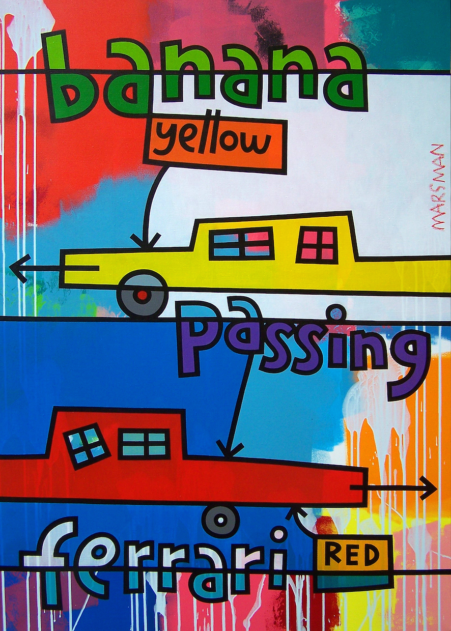 <b>BANANA-YELLOW PASSING FERRARI-RED</b> - 100 x 140 cm - acrylic on canvas - SOLD  <a style="color: red; text-decoration: none" href="mailto:jpgpmarsman@onsbrabantnet.nl">BESTEL</a>
