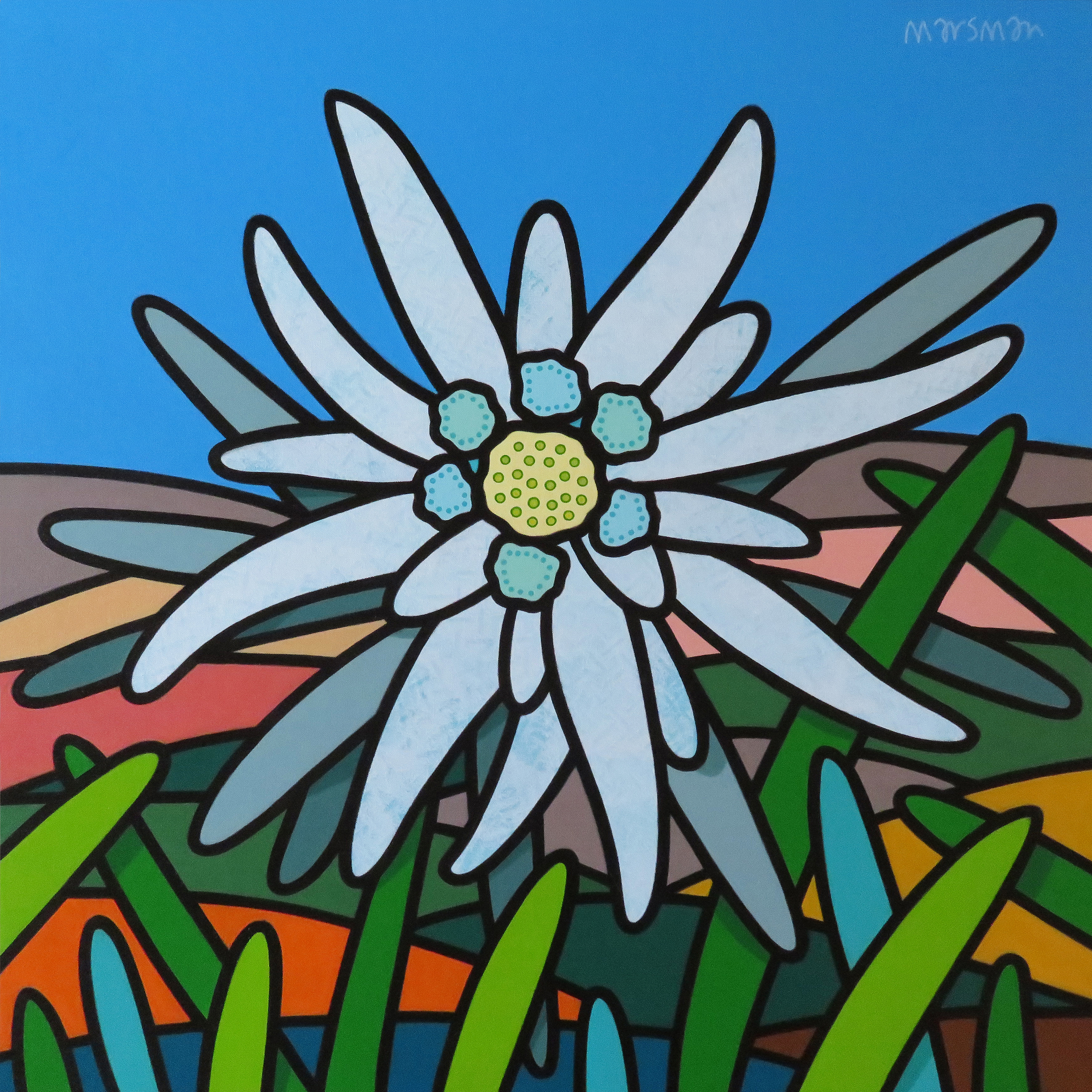 <b>EDELWEISS</b> - 80 x 80 x 3 cm - acrylic on canvas - FOR SALE  <a style="color: red; text-decoration: none" href="mailto:jpgpmarsman@onsbrabantnet.nl">BESTEL</a>