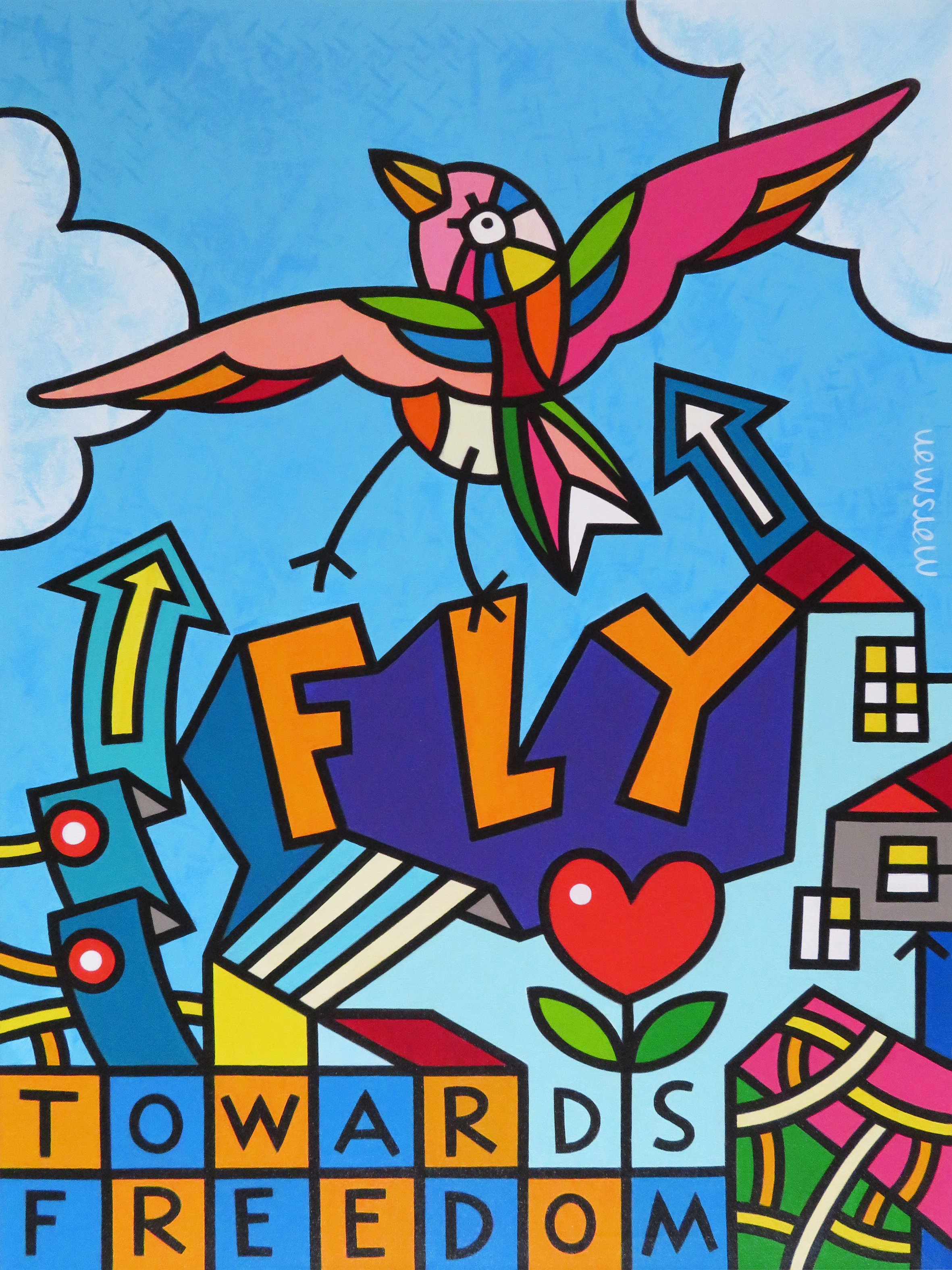 <b>FLY TOWARDS FREEDOM (2)</b> - 60 x 80 x 3 cm - acrylic on canvas - SOLD  <a style="color: red; text-decoration: none" href="mailto:jpgpmarsman@onsbrabantnet.nl">BESTEL</a>