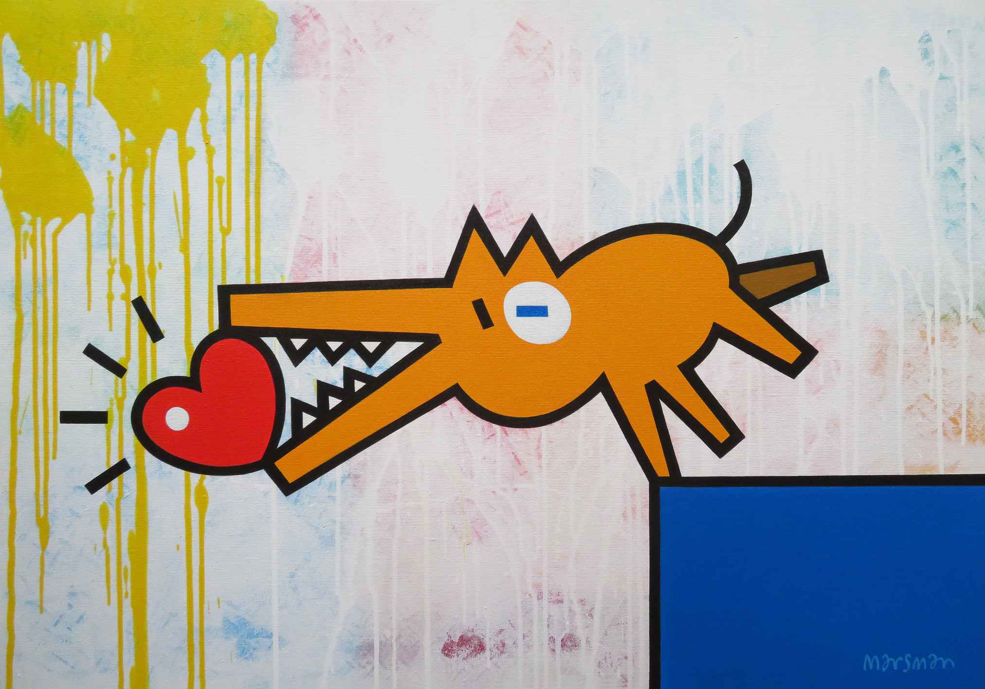 <b>LOVE-DOGGY (1)</b> - 100 x 70 x 3 cm - acrylic on canvas - FOR SALE  <a style="color: red; text-decoration: none" href="mailto:jpgpmarsman@onsbrabantnet.nl">BESTEL</a>