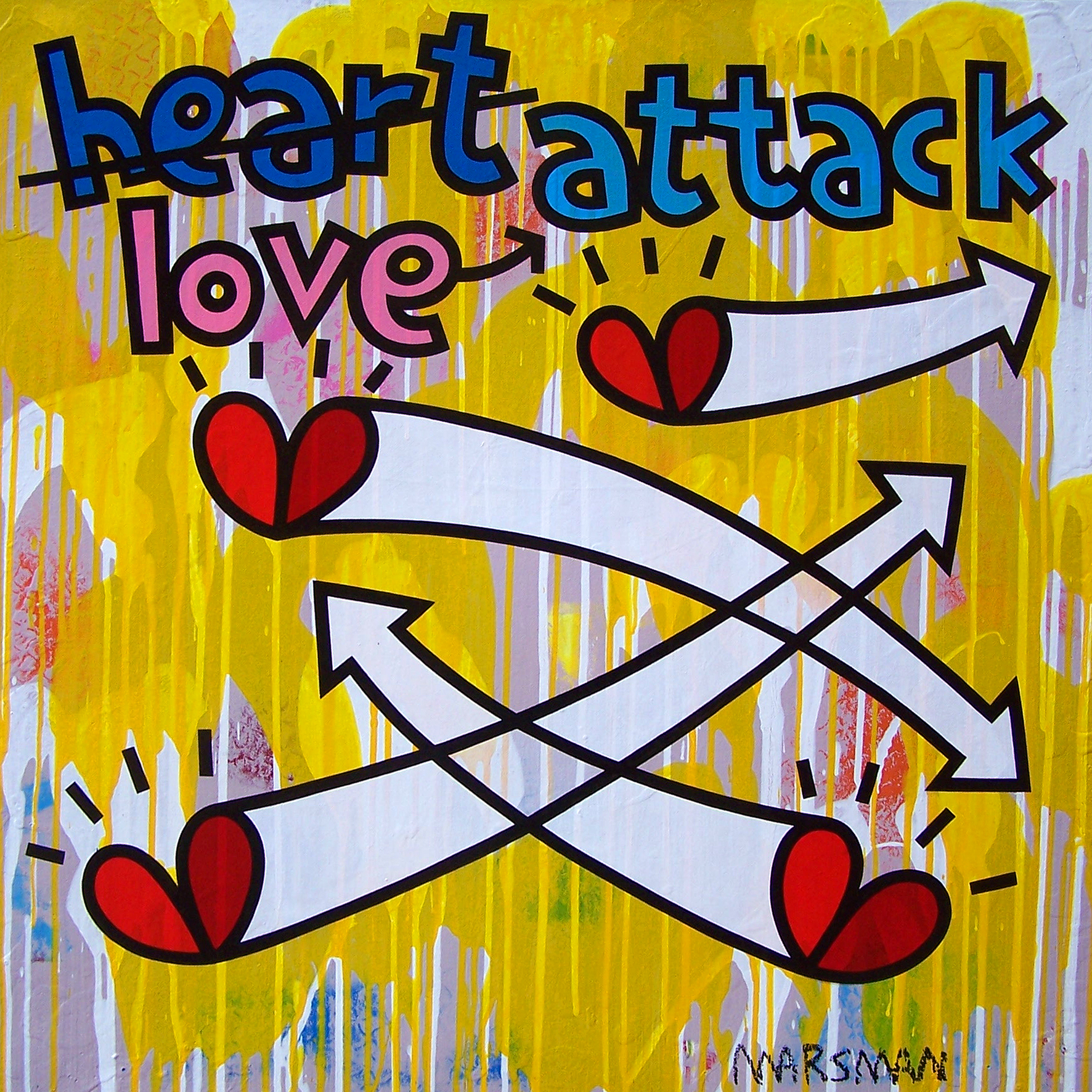 <b>LOVE ATTACK</b> - 100 x 100 cm - acrylic on canvas - SOLD  <a style="color: red; text-decoration: none" href="mailto:jpgpmarsman@onsbrabantnet.nl">BESTEL</a>