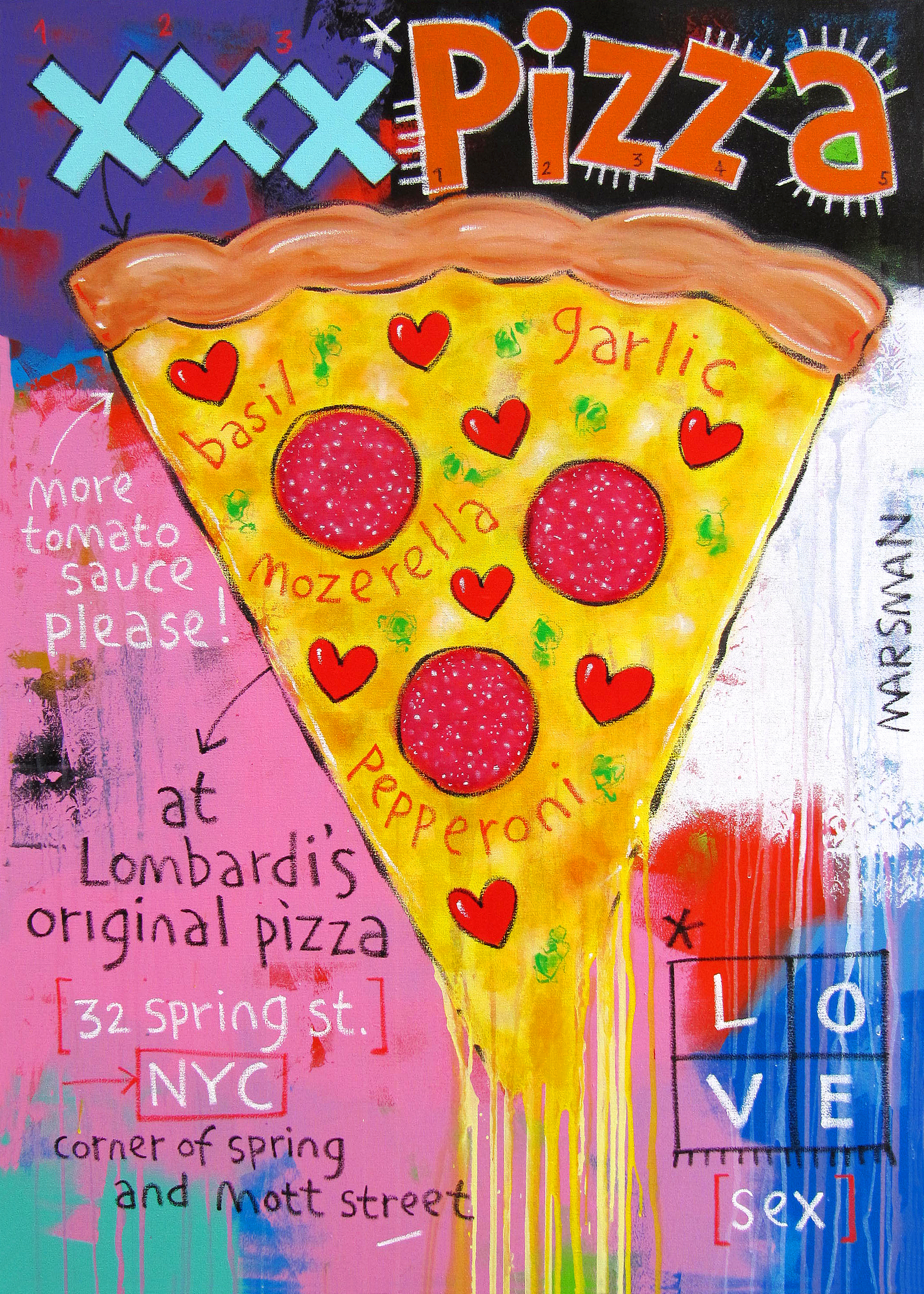 <b>XXX-PIZZA</b> - 100 x 140 cm - acrylic and oilstick on canvas - SOLD  <a style="color: red; text-decoration: none" href="mailto:jpgpmarsman@onsbrabantnet.nl">BESTEL</a>