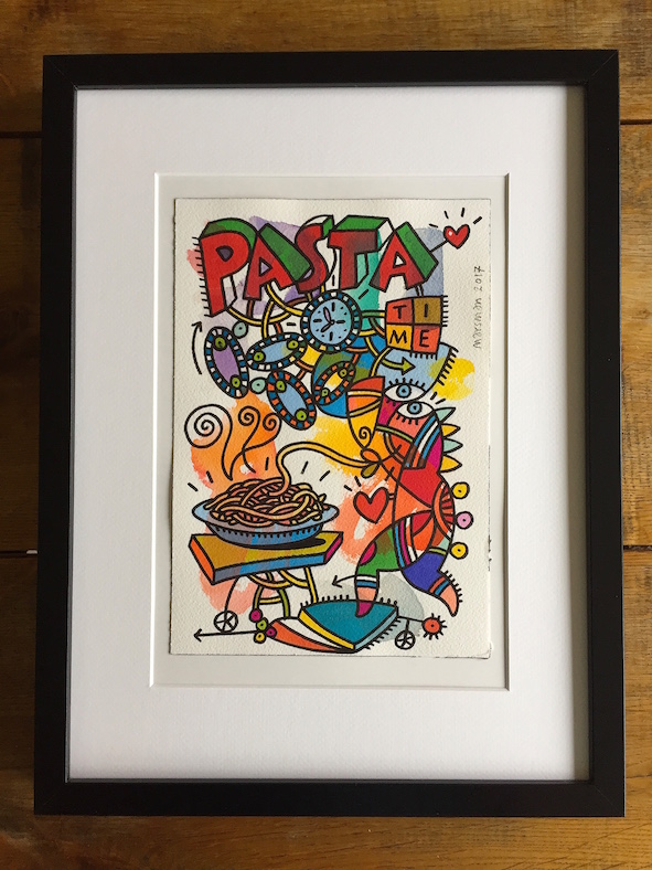 <b>PASTA TIME</b> - 18x26cm drawing / 30x40cm frame - Watercolour/marker, 300 grams Arches 100% pure cotton watercolour paper - € 125,-  <a style="color: red; text-decoration: none" href="mailto:jpgpmarsman@onsbrabantnet.nl">BESTEL</a>
