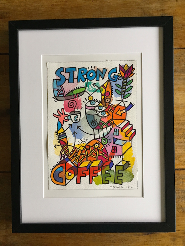 <b>STRONG COFFEE</b> - 18x26cm drawing / 30x40cm frame - Watercolour/marker, 300 grams Arches 100% pure cotton watercolour paper - € 125,-  <a style="color: red; text-decoration: none" href="mailto:jpgpmarsman@onsbrabantnet.nl">BESTEL</a>