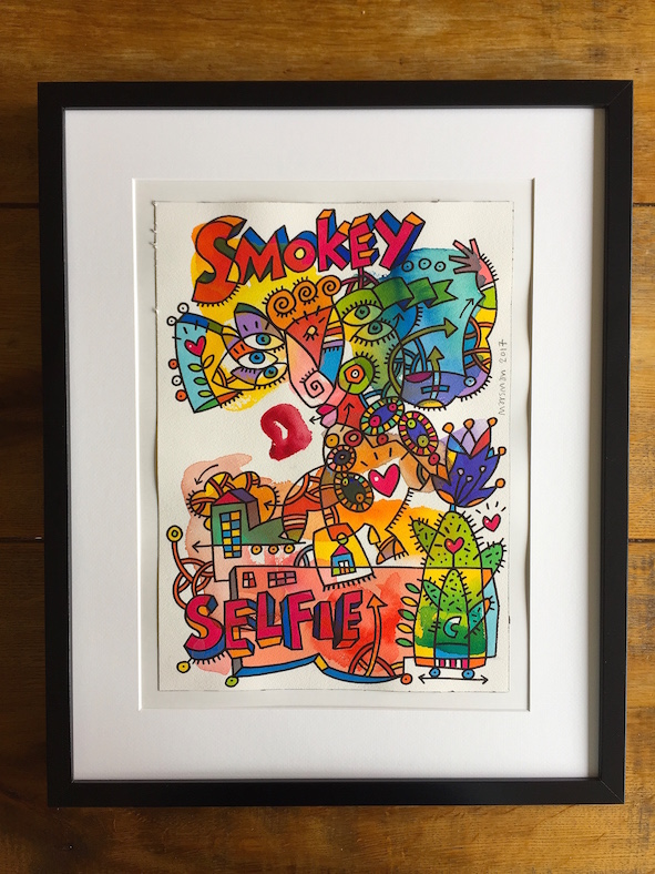 <b>SMOKEY SELFIE</b> - 40 x 50 cm - aquarel/tekening - € 145,-
